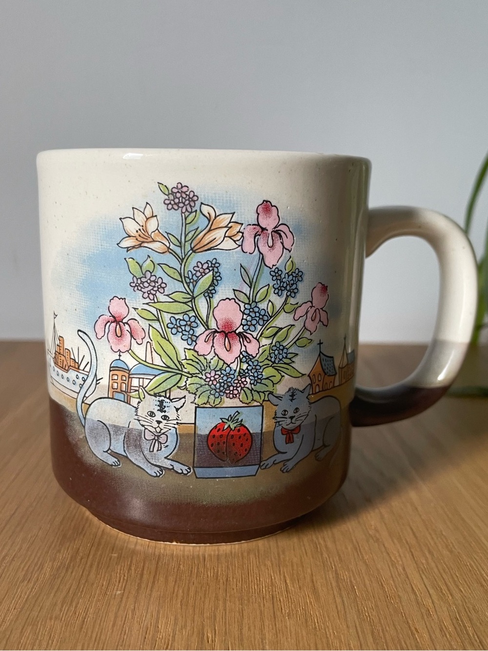 Vintage 70s Otagiri Style Cat and Floral Ceramic Stoneware Mug